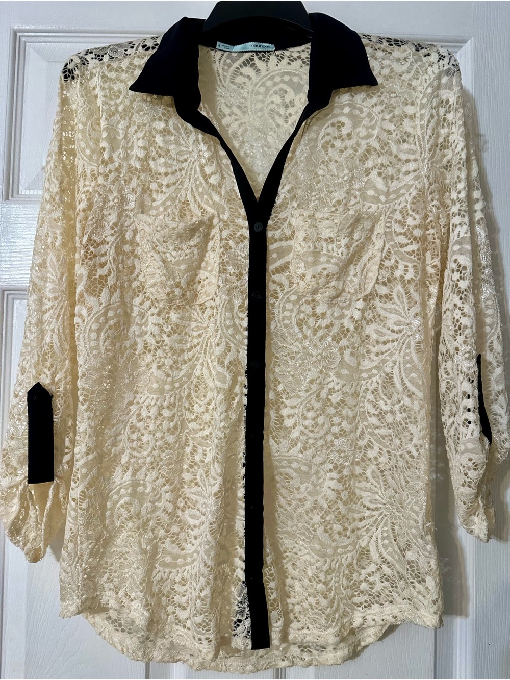 Maurices Cream Lace Button-Front Shirt with Black Trim